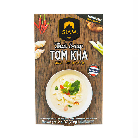 Packaging of SIAM Thai Soup Tom Kha on a wooden background